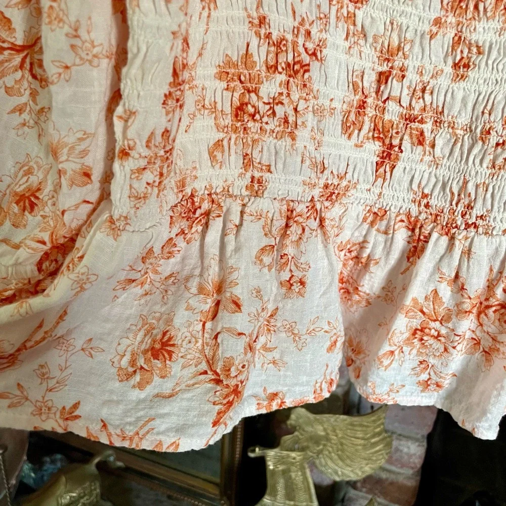 LOFT Orange Smocked Floral Peplum Blouse Puff Sleeve Cottagecore Resort Retro